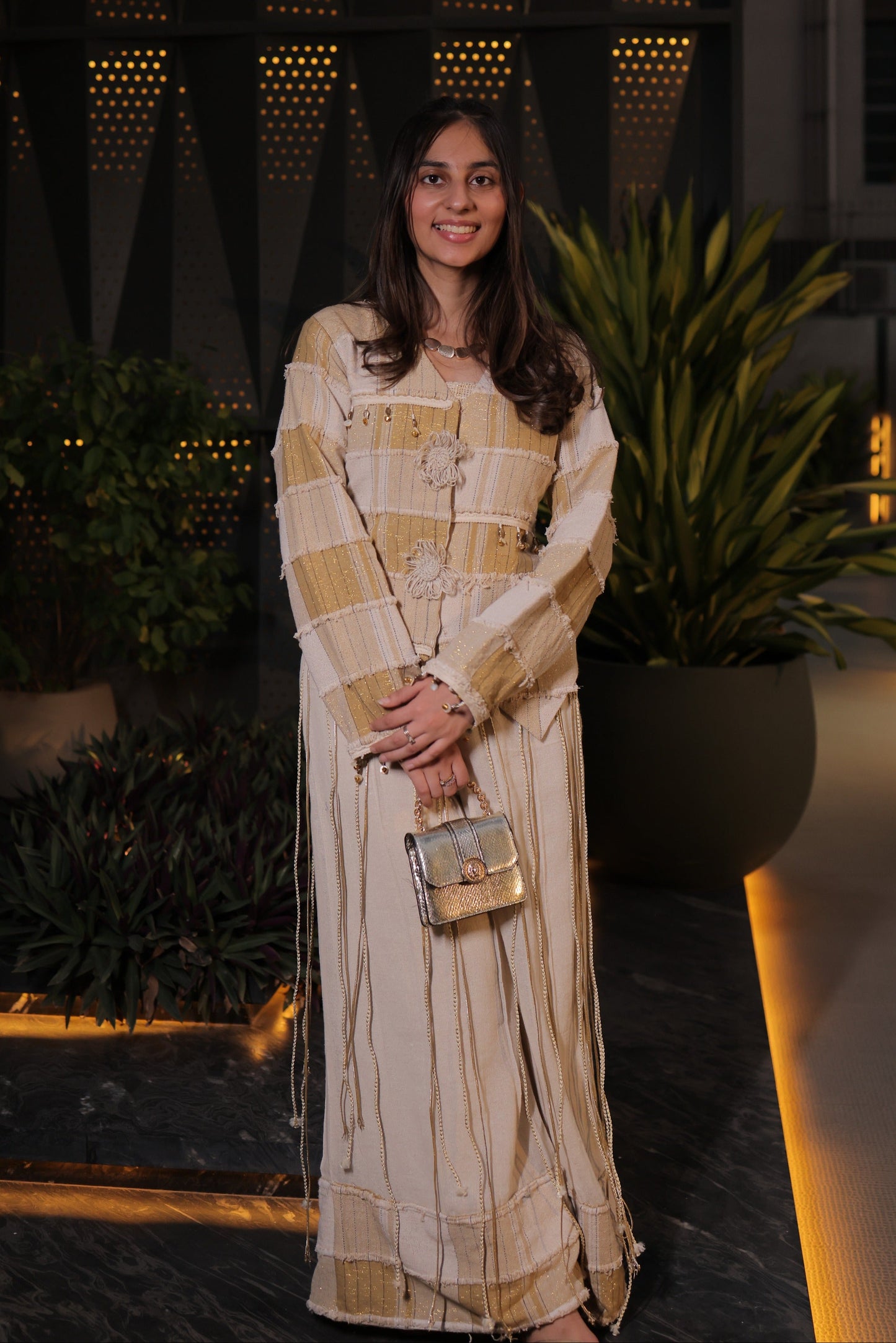 Gold & Beige Jute 3-Piece Co-ord Set with Applique Jacket