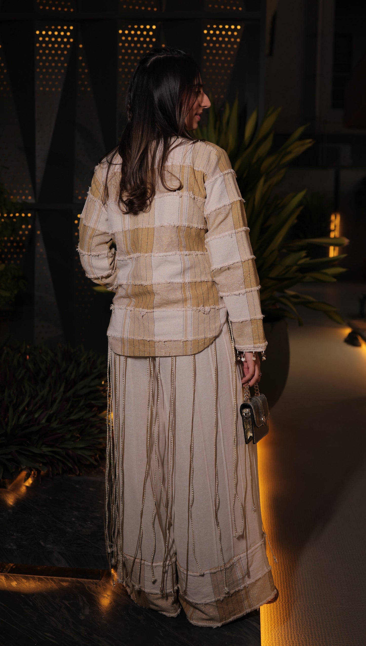 Gold & Beige Jute 3-Piece Co-ord Set with Applique Jacket