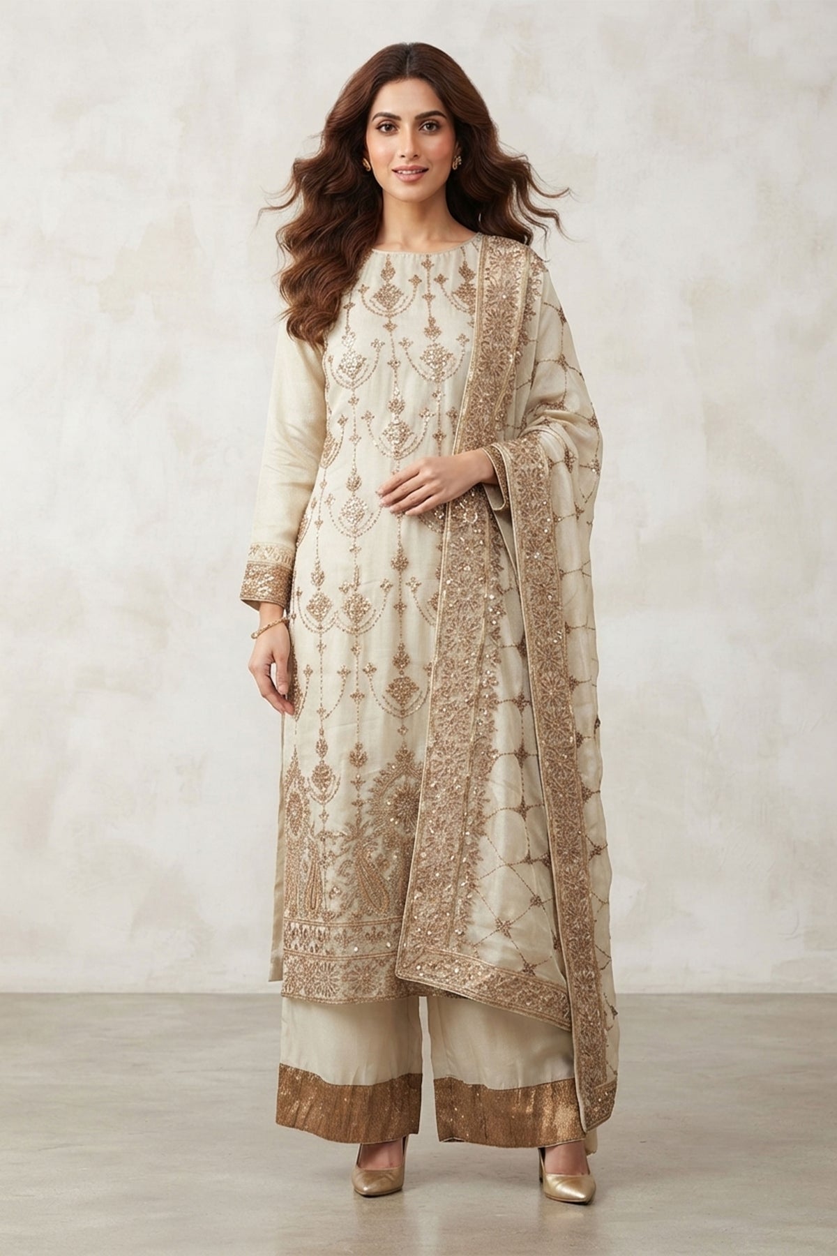Off White Tissue Suit Set with Criss-Cross Dupatta