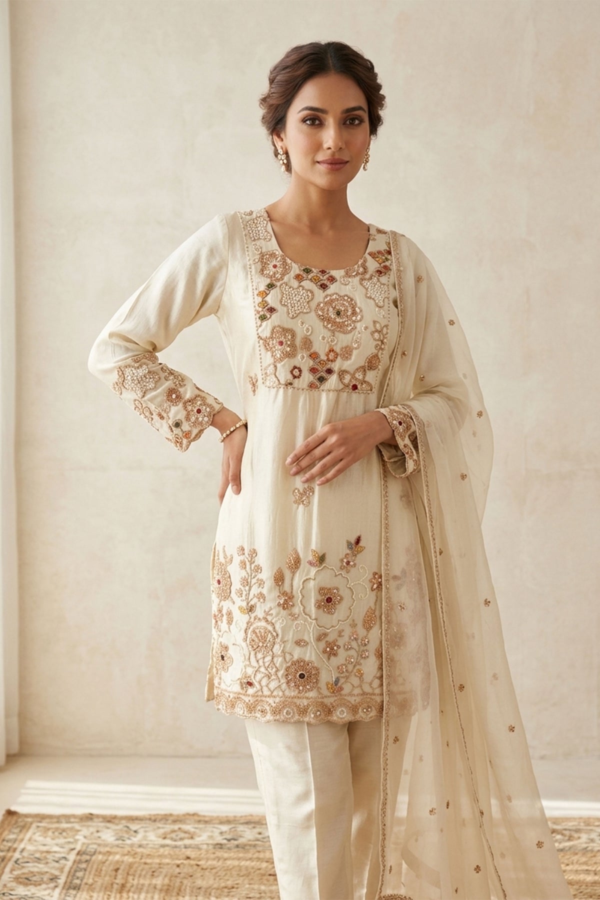 Ivory Tissue Stone & Beadwork Suit Set
