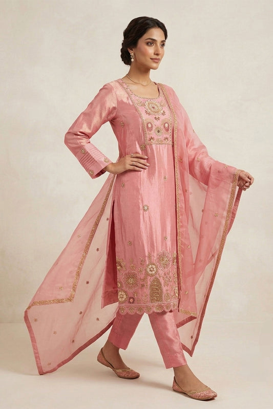 Blush Pink Tissue Embroidered Suit Set