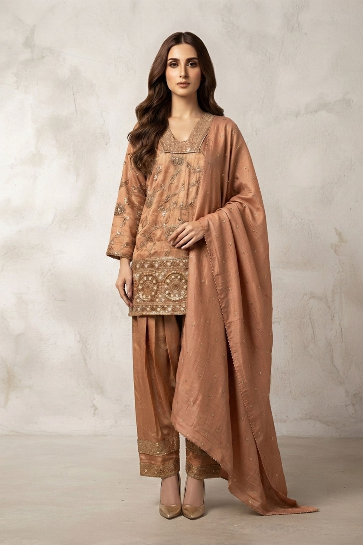 Peach Tissue Farshi Salwar Suit Set