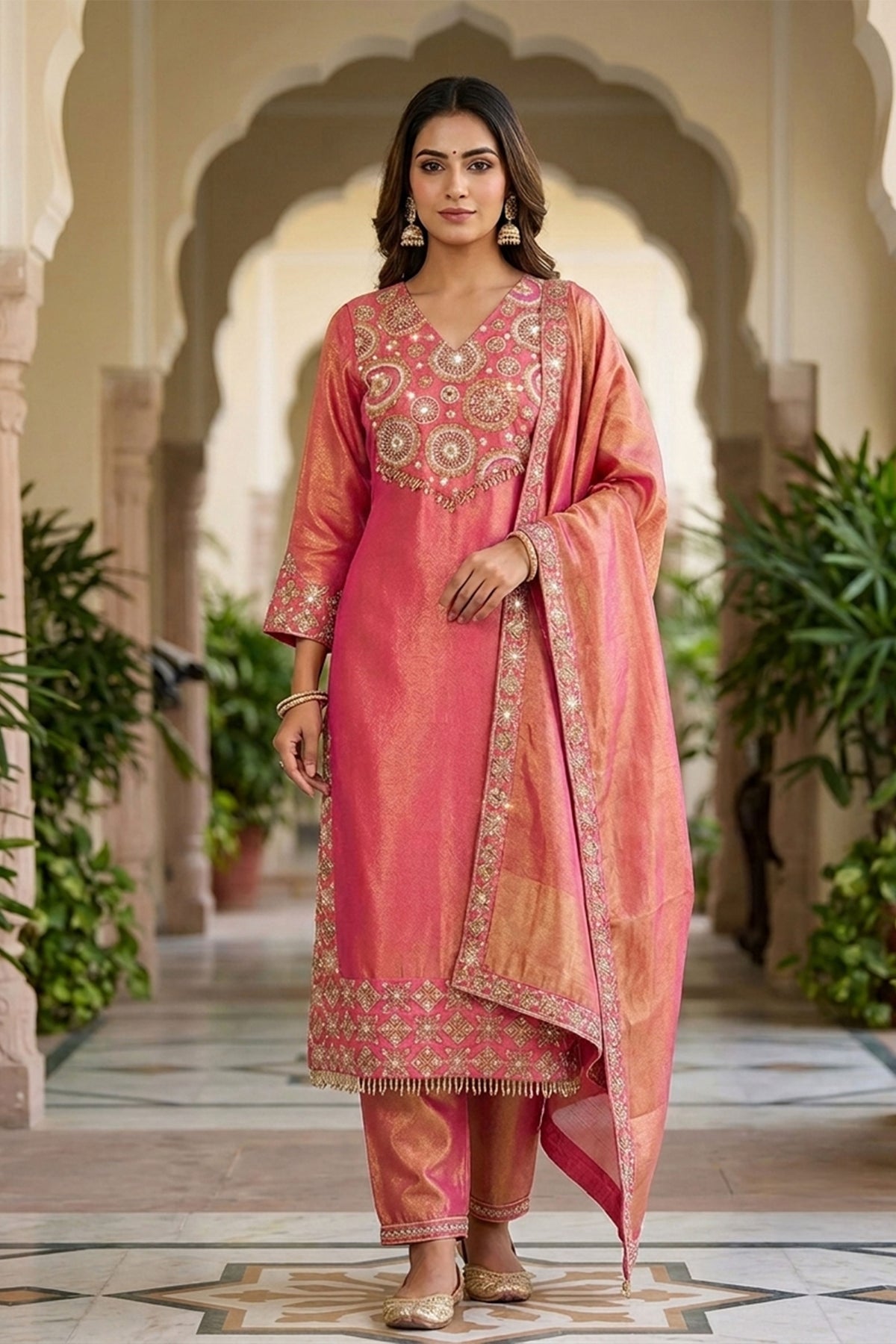 Rani Pink Tissue Suit Set with Handwork